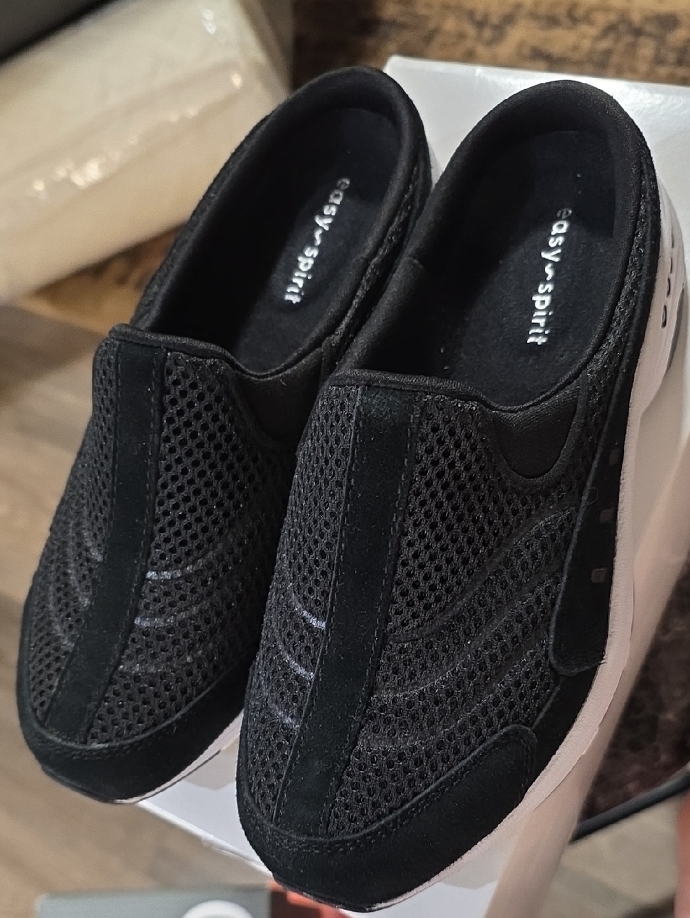 Easy Spirit Black Perforated Slip-On Sneakers with White Soles